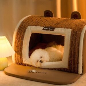 Warm Winter Cat Dog Bed House Puppy Nest Cat Cave Semi Closed Beds Cat Cushion Mat Brown Grey