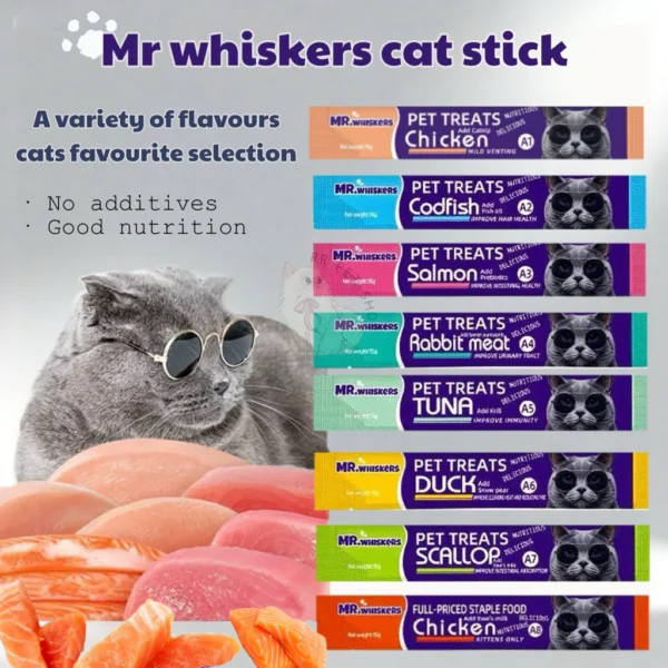 Mr whiskers Cat Treat Cat Wet Food Stick Creamy Cat Stick Cat Snack High Nutrition Vitamin Makanan Kucing Snek Kucing